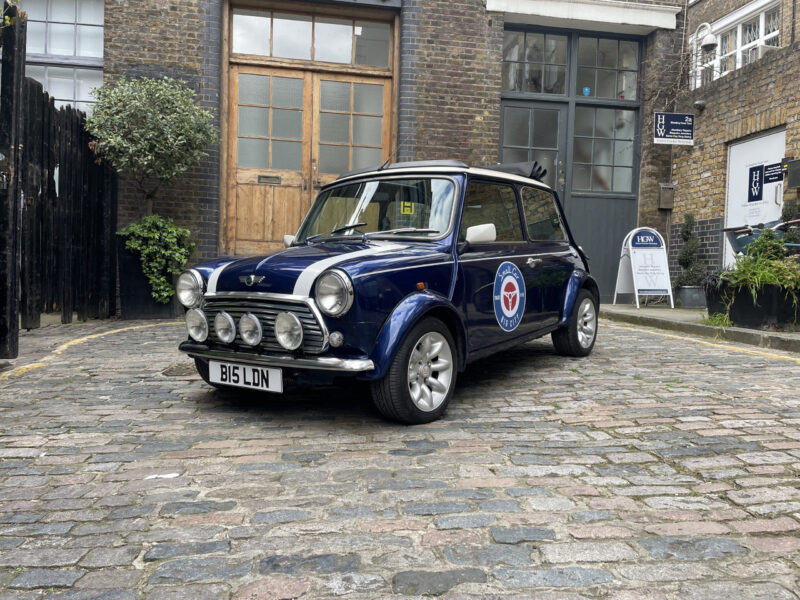 Classic-Mini-Cooper-Hire-London-Blue-Mini-Court-Yard-Front-Headlights