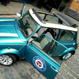 Classic Mini Cooper Hire London Turquoise Roof Open