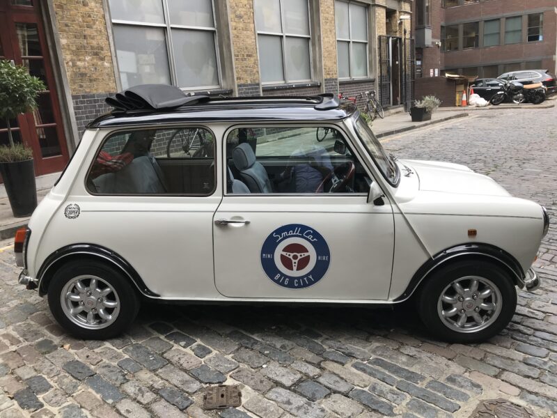 smallcarBIGCITY classic Mini Cooper hire london white side