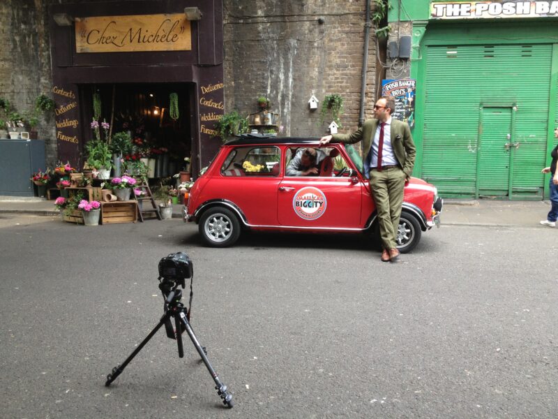 classic mini photo shoot hire london red mini green suit