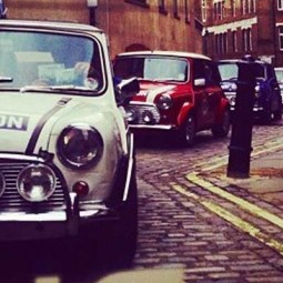 white, red and blue classic mini cooper street