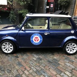 Dot D13LDN classic Mini Cooper Sports Pack in blue in London court yard side - smallcarBIGCITY