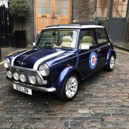 Dot D13LDN classic Mini Cooper Sports Pack in blue in London court yard side view - smallcarBIGCITY