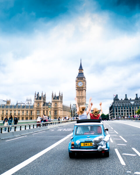 smallcarBIGCITY - Classic Mini Cooper hire - Car tours of London - Landmarks of London Lulu on Westminster Bridge