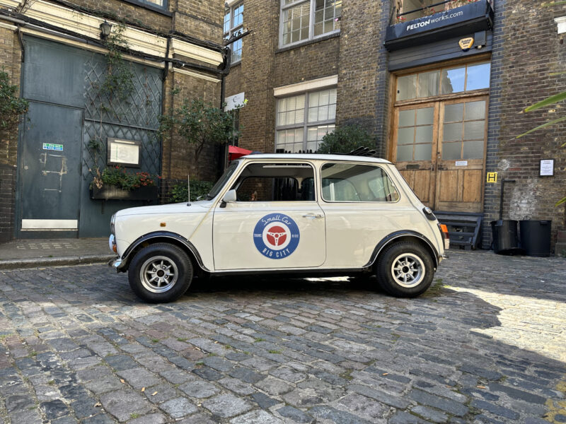Classic White Mini Cooper hire london small car big side