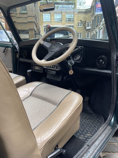 BRG Classic Mini British open Classic 1992 green front Lilibet by smallcarBIGCITY driver door interior